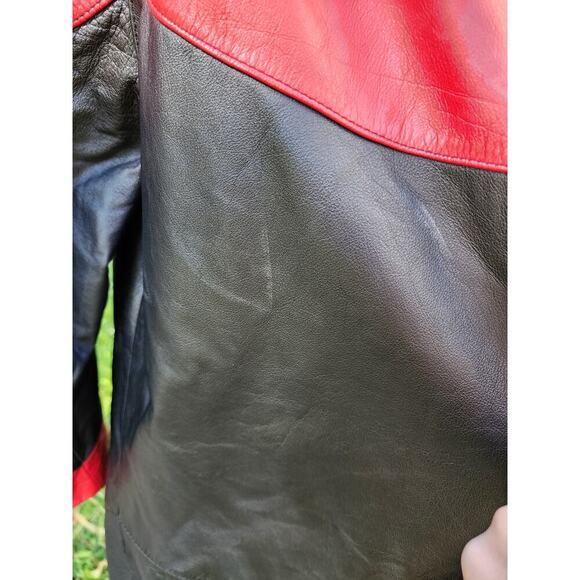 Vtg 80s David Benjamin Long Red Black Geometric Leather Funky Abstract Coat Sz S - Picture 7 of 9